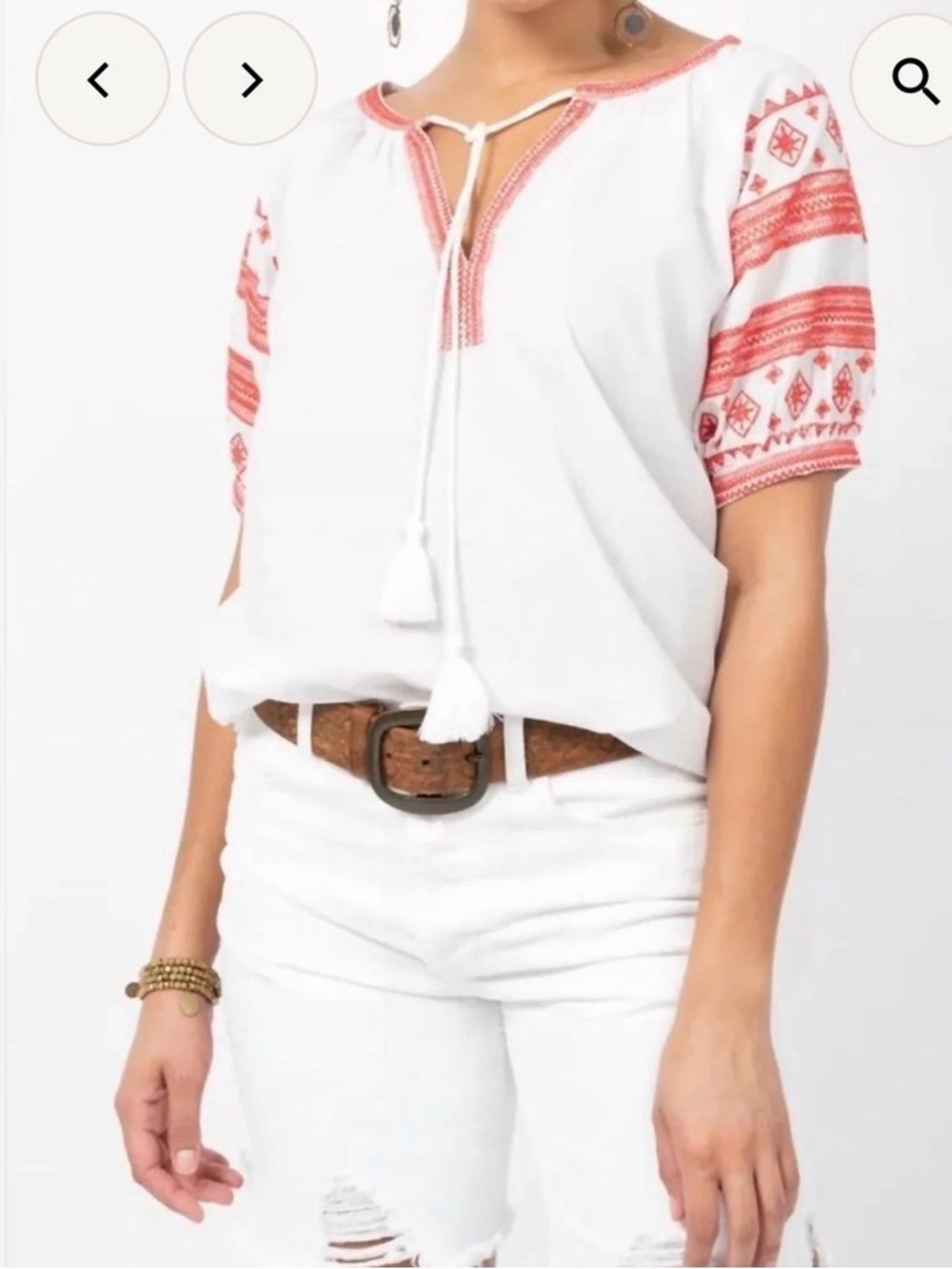 ivy jane Borderline White Peasant Top with Red Embroidered Sleeves EUC